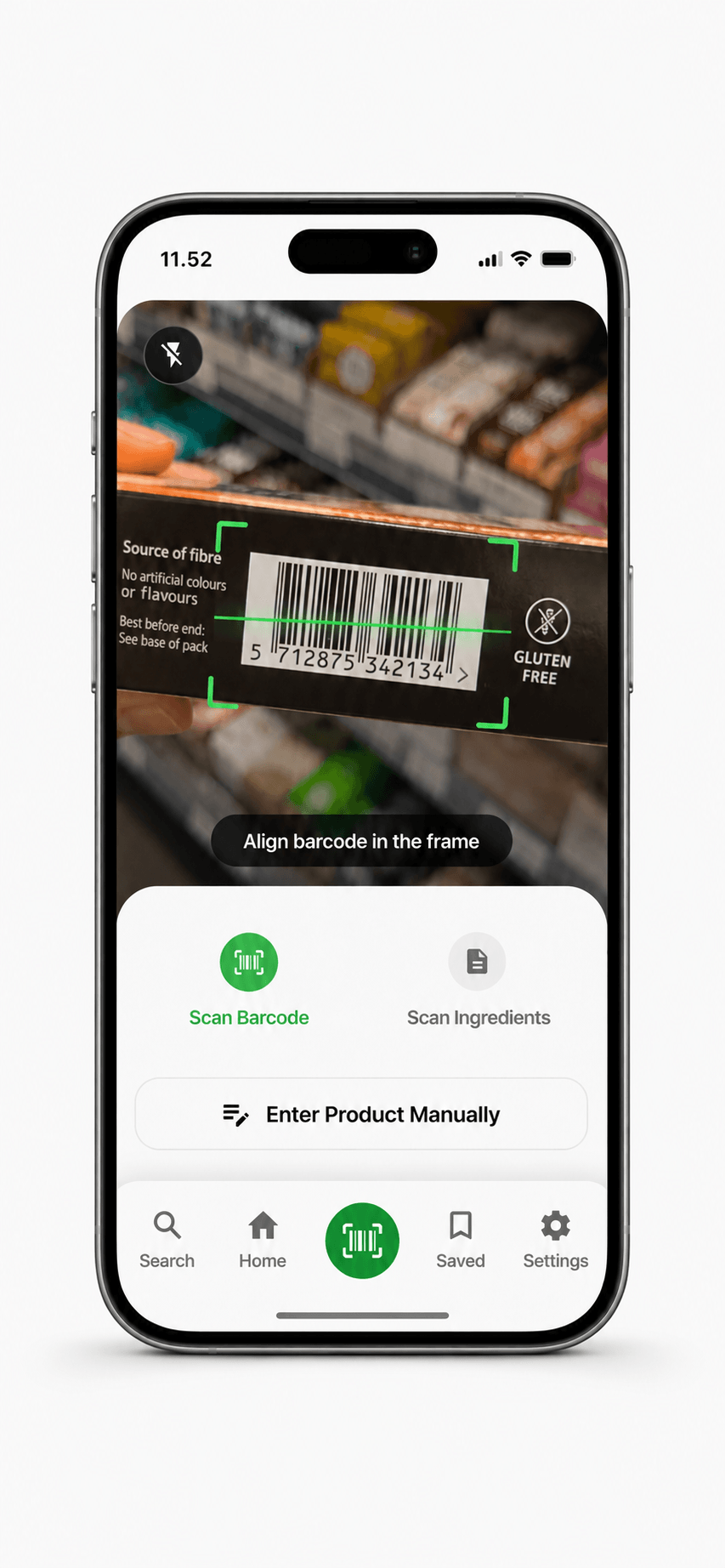 GlutenScanner app scanning a product barcode