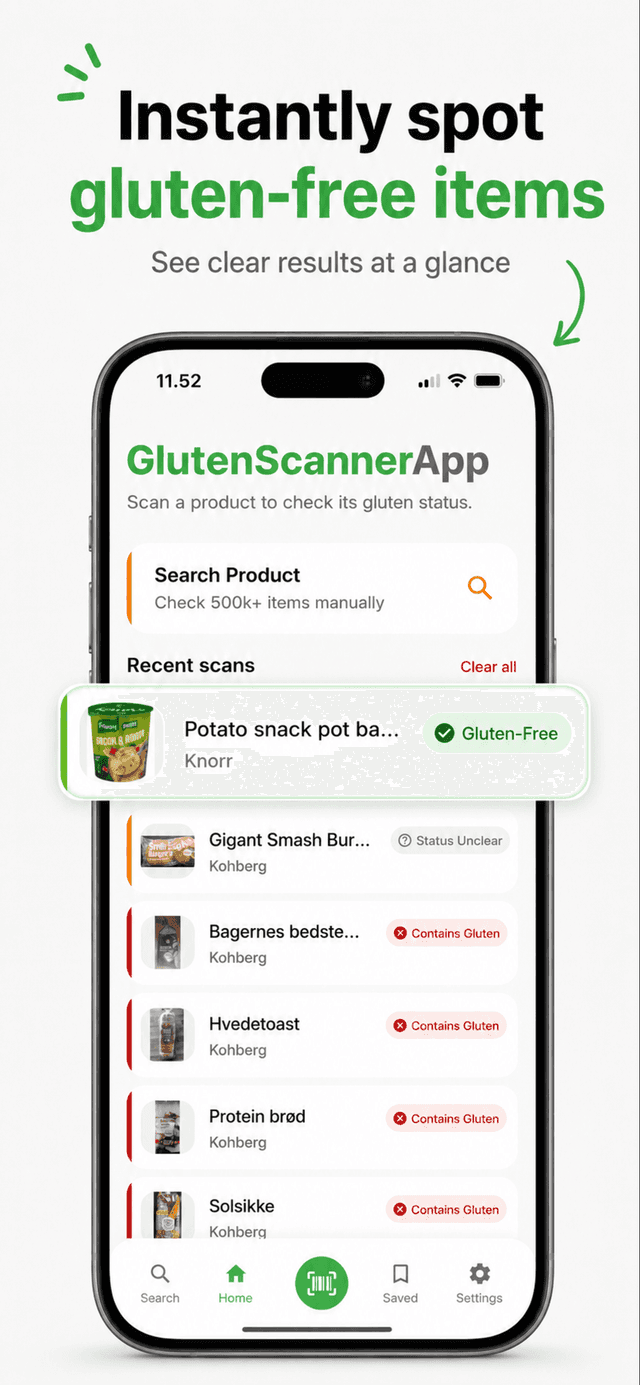 Scan result showing gluten status